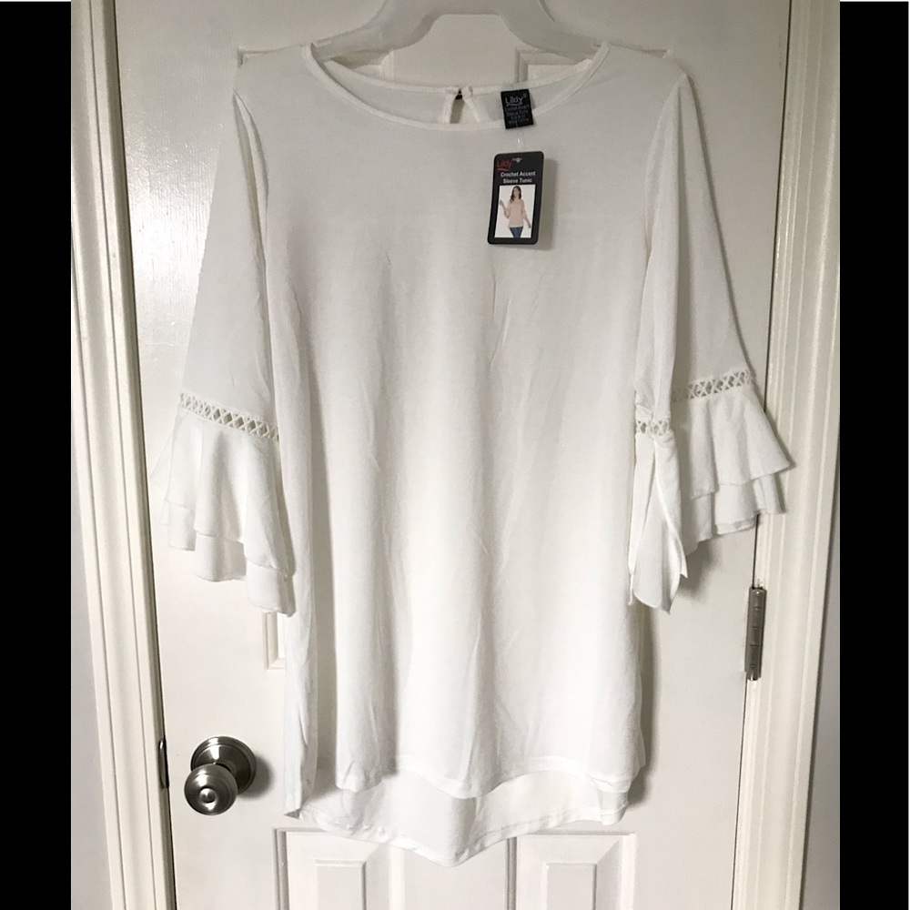 🆕🔥LILDY CROCHET ACCENT TUNIC SUPER CUTE&SILKY&STYLISH!BELL SLEEVES SO CHIC-NWT